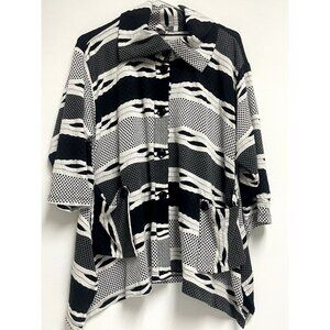 YUSHi Women Black White Abstract Print Swing Jacket Small Button Front Lagenlook